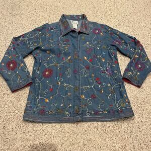 Quacker Factory Floral Embroidered Denim Button Down Shacket M Cottagecore
